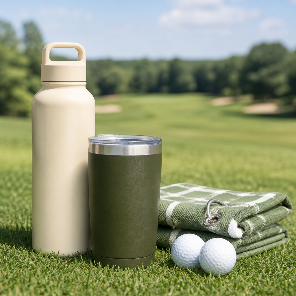 A branded water bottle with golf kit on grass