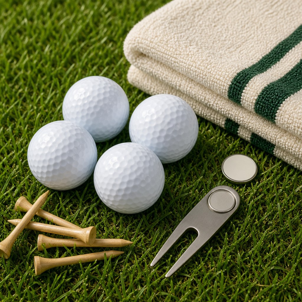 Custom-printed golf balls, tees and a divot tool on grass
